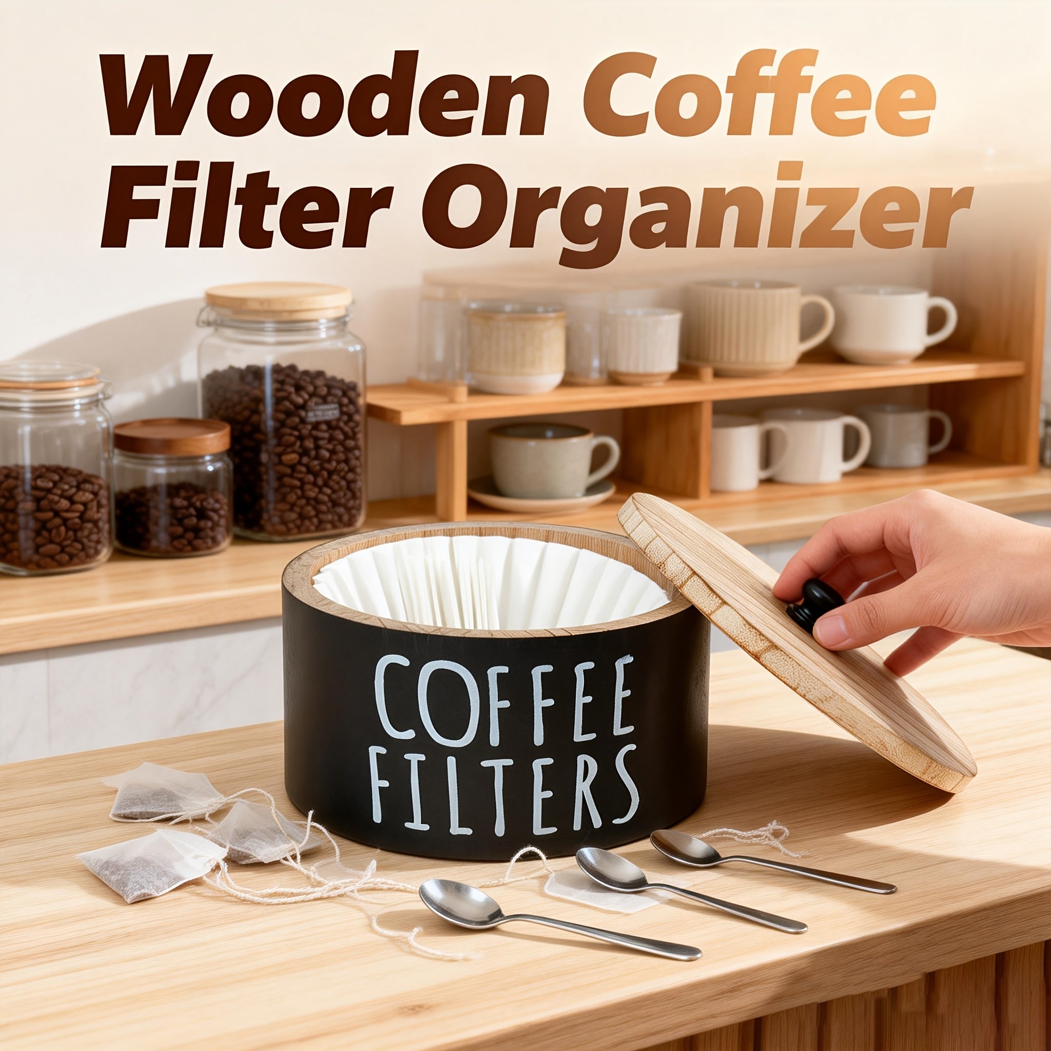 Modern Stackable Home Storage Bins – portable space-saving storage, Coffee Filter Holder Wooden Large Capacity Rustic Coffee Filter Storage Case Dispenser with Bamboo, designed for American homes, daily convenience and practical gifting