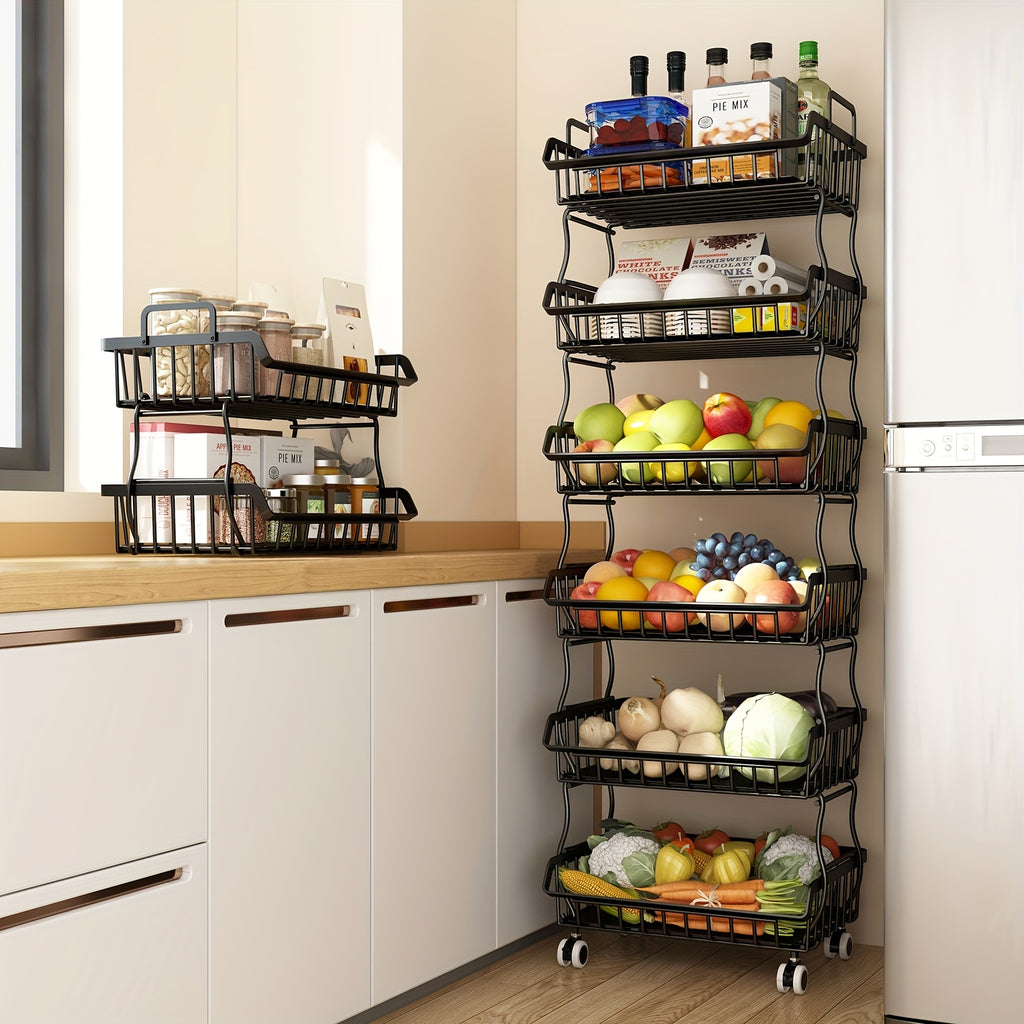 6-Tier Stackable Metal Wire Storage Basket Organizer with Wheels - Space-Saving Kitchen Pantry Organizer for Fruits, Vegetables, Utensils & Utensil Holders, Durable Rectangular Design, Pantry Organizers And Storage, Open Shelf Design, Visible Content Acce
