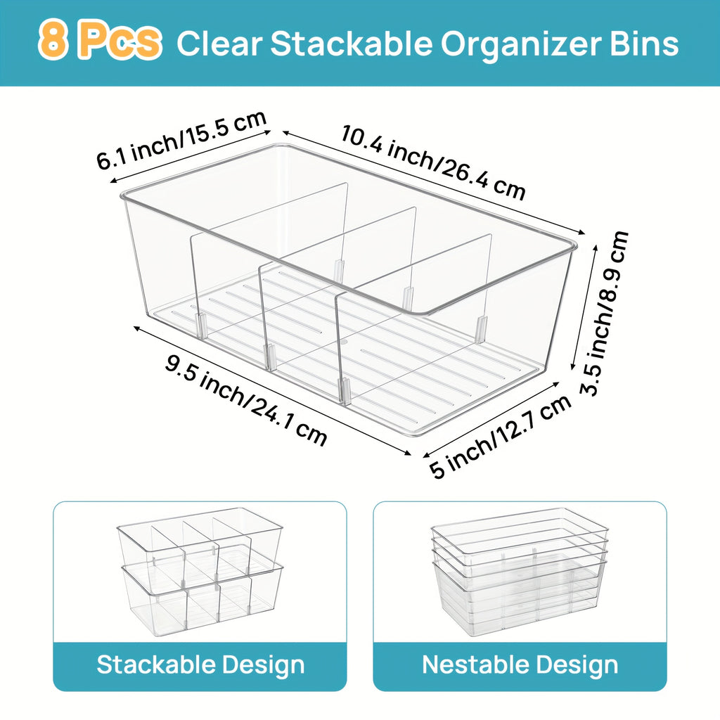 Kitchen Essential – [8 Transparent Storage Bins] Set of 8 Transparent Storage Bins for Organizing Food in The Pantry, Kitchen, Refrigerator, And Cabinets, Featuring 4 Compartments for Packet
