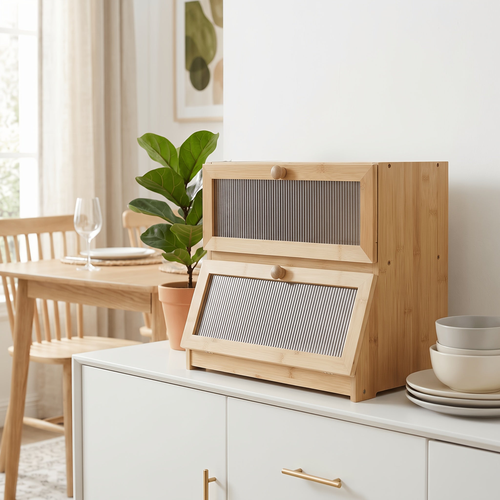 Versatile Countertop Bread Storage Box – fresh-bread countertop organization, 2-Tier Bamboo for bread Box Roll-Top Doors No Cross Flavor Natural Bamboo Countertop Food, designed for American homes, daily convenience and practical gifting