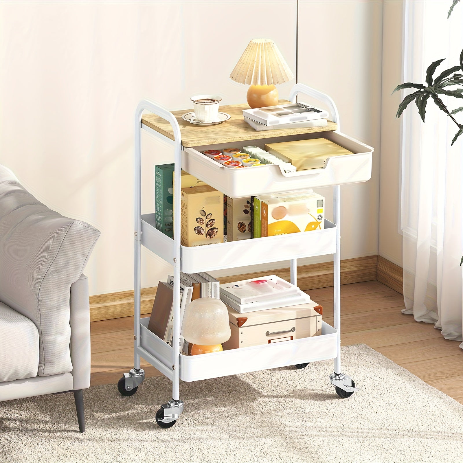 3-Tier Metal Utility Rolling Cart Featuring a Drawer And Table Top, a White Storage Trolley for Kitchen Organization, Suitable for Office, Classroom, Home, And Bedroom with Lockable Wheels