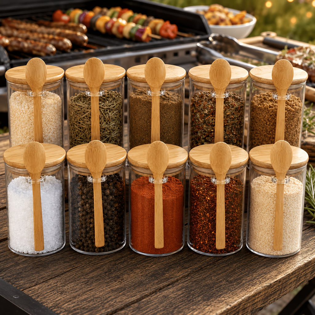 10pcs Glass Jars with Lids & Spoons - Airtight Sealed Containers Suitable for Spices, Salt, Sugar Storage, Lid & Spoon Lid for Camping, Picnic, BBQ, Restaurant Use - Tableware for and Commercial Use