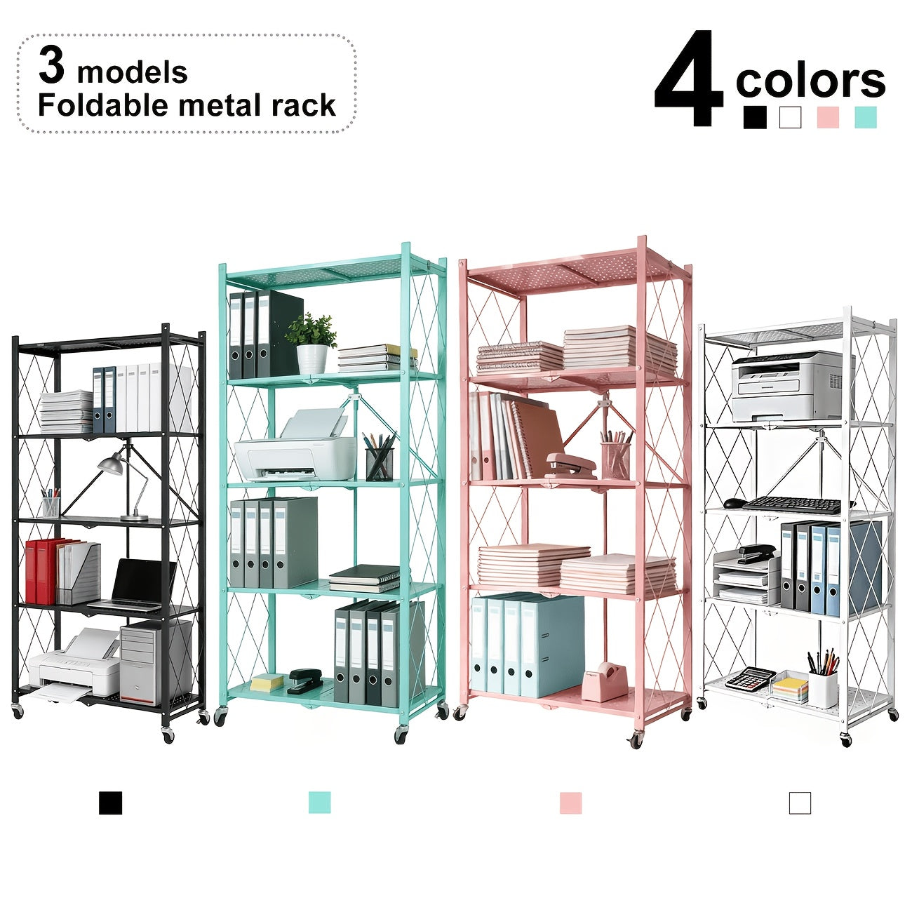 Compact Adjustable Home Storage Rack – durable multi-purpose storage, 5 4 3-Tier Heavy-Duty Folding Storage Rack With Wheels - Portable Multi-Layer Floor-standing Shelf, designed for American homes, daily convenience and practical gifting