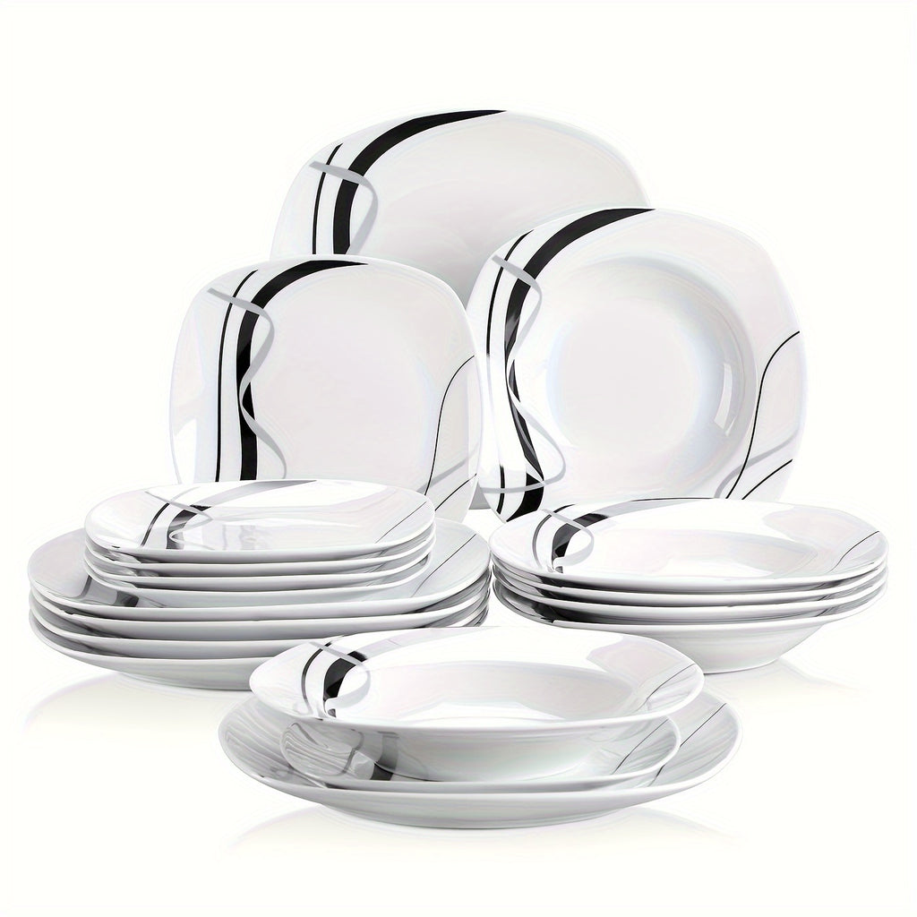 18pcs Dinner Set Service for 6, Porcelain Plates Set, Ink And Line Patterns Dining Set, Ivory White Round Dishes Set Plate Set Including 6 X 7.5" Dessert Plate, 6 X 8.5" Soup Plate, 6 X 9.75" Dinner Plate