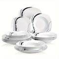 18pcs Dinner Set Service for 6, Porcelain Plates Set, Ink And Line Patterns Dining Set, Ivory White Round Dishes Set Plate Set Including 6 X 7.5" Dessert Plate, 6 X 8.5" Soup Plate, 6 X 9.75" Dinner Plate