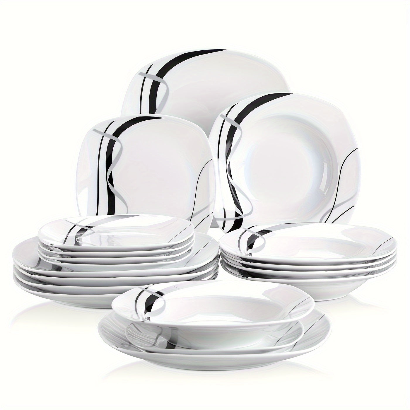 18pcs Dinner Set Service for 6, Porcelain Plates Set, Ink And Line Patterns Dining Set, Ivory White Round Dishes Set Plate Set Including 6 X 7.5" Dessert Plate, 6 X 8.5" Soup Plate, 6 X 9.75" Dinner Plate