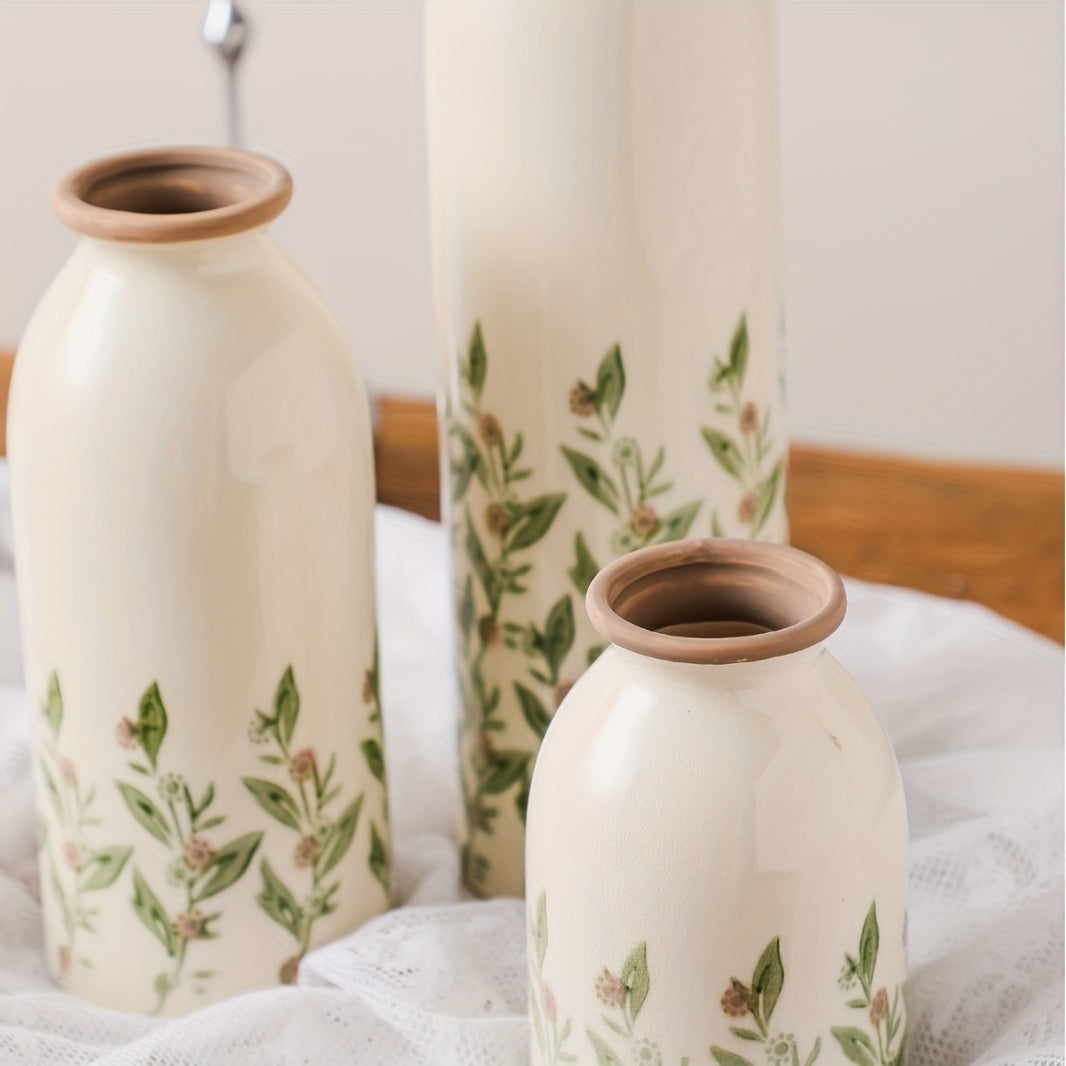 Hand-Painted Ceramic Vase Suitable for fresh or artificial flowers - Hand-Painted Botanical Flower Vase, Scandinavian Contemporary Cylindrical Vase with Botanical Flower Paintings, Multi-Size Table Centerpiece for Living Room, Dining Table, Creative