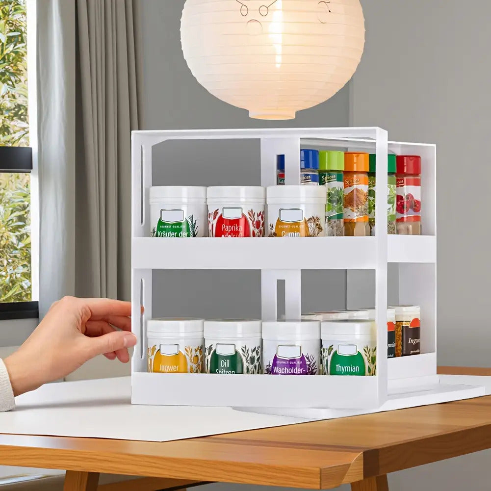 1 Large Capacity Kitchen Organizer - 2-Tier Rotating Spice Rack, Suitable for Countertops and Cabinets, Multi-functional Pull-out Storage Rack