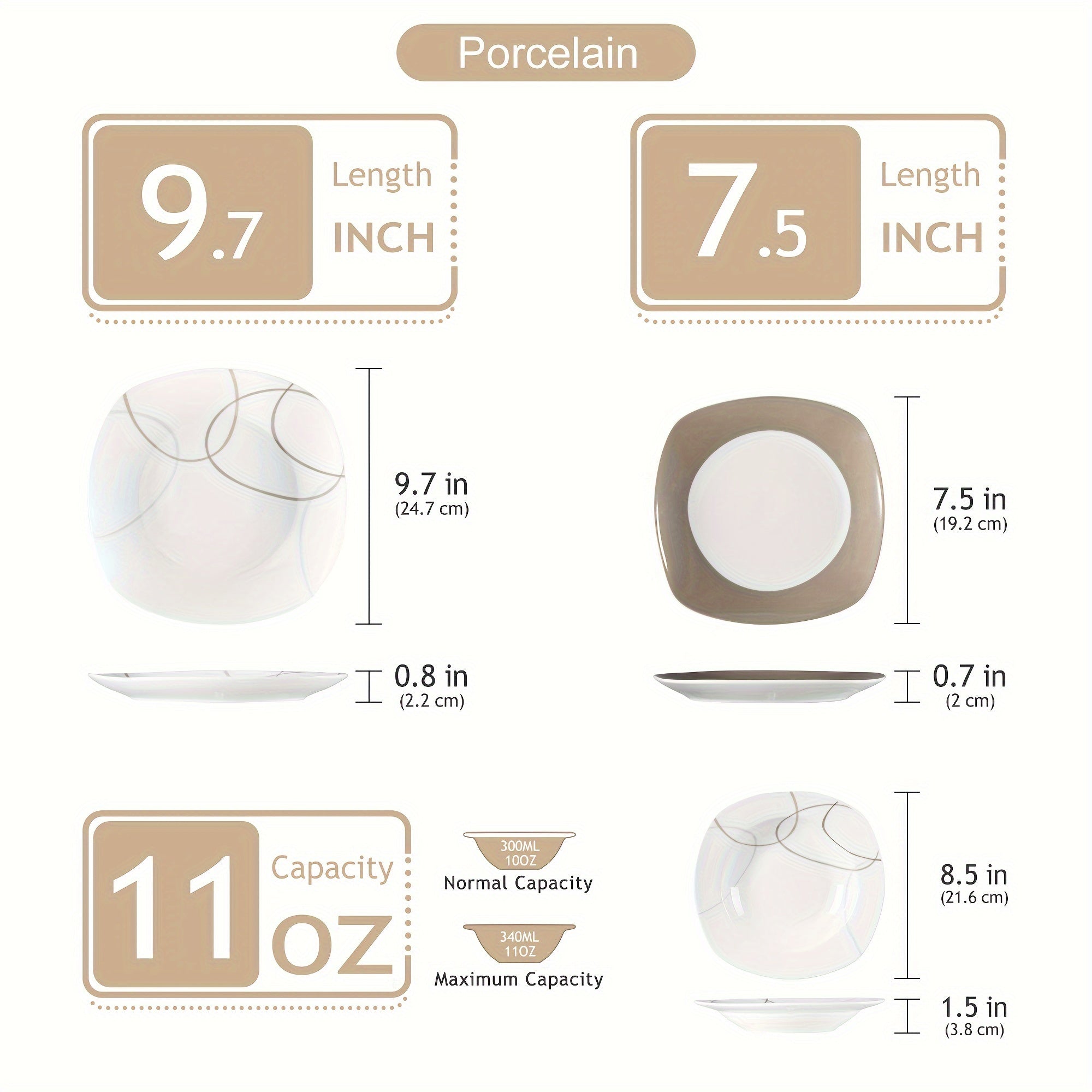 18pcs Dinner Set Service for 6, Porcelain Plates Set, Ink And Line Patterns Dining Set, Ivory White Round Dishes Set Plate Set Including 6 X 7.5" Dessert Plate, 6 X 8.5" Soup Plate, 6 X 9.75" Dinner Plate