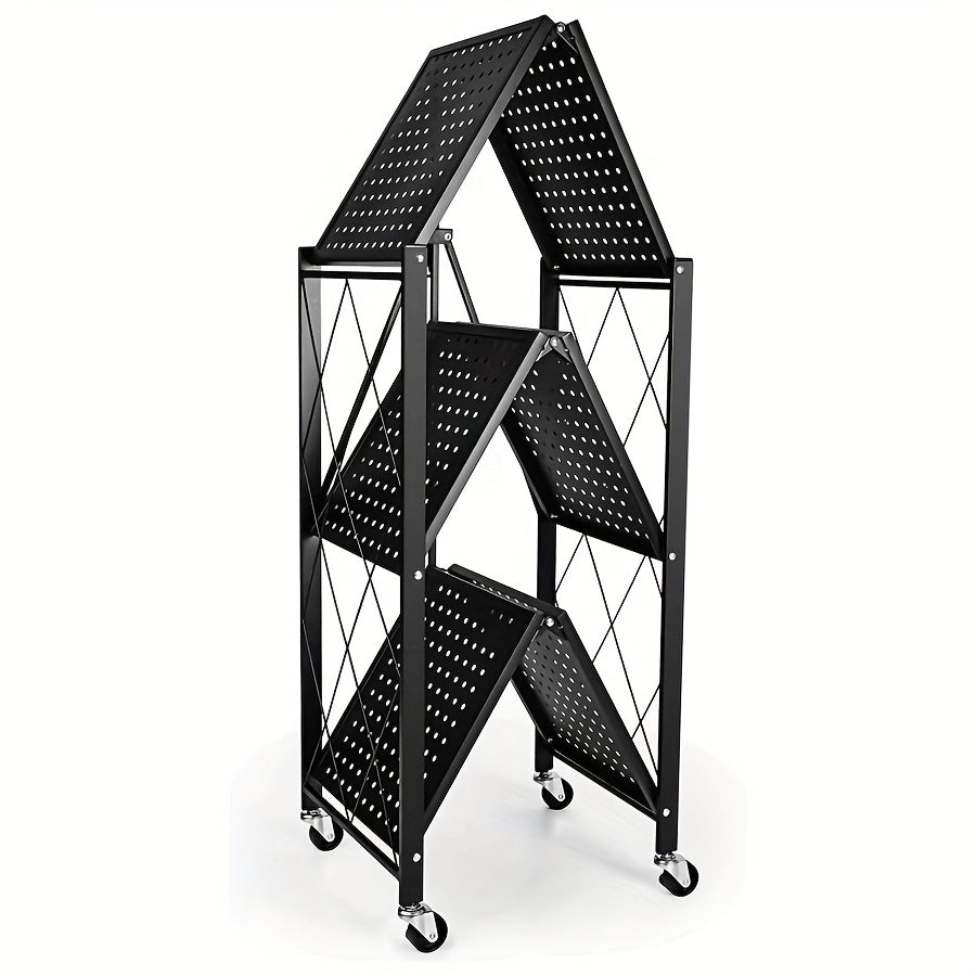 3-Layer Heavy-Duty Foldable Metal Storage Rack with Wheels for Movable Organization, Suitable for Garage Kitchens with a Load-Bearing Capacity of Up to 750 Pounds. Black Kitchen Storage Rack, for garage Storage And Storage Rack