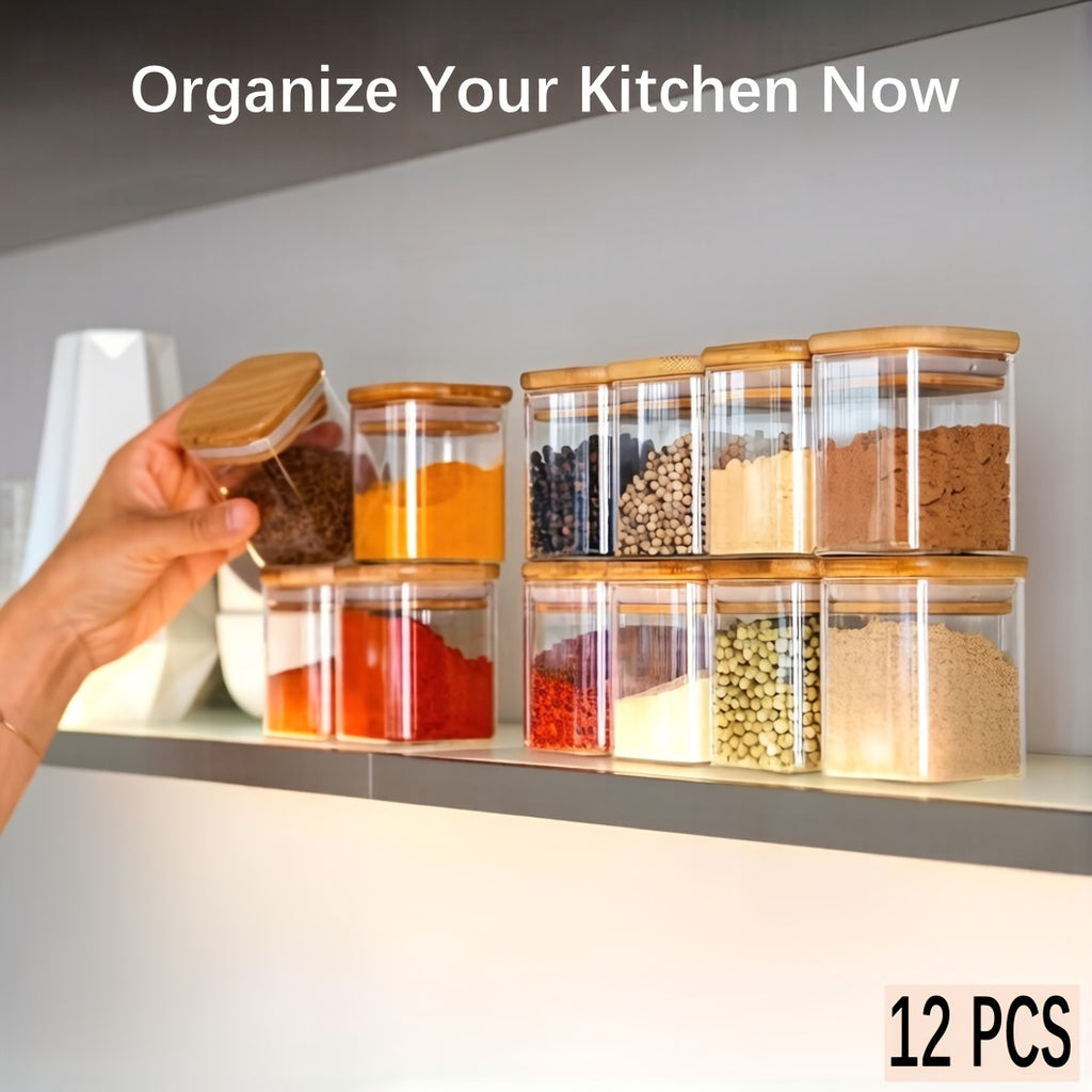 Compact 12pcs Glass Spice Jar Set – clear reusable pantry storage, 12pcs Spice Glass Jars Set with Labels 5oz 7oz 9oz Square Spice Jars with, designed for American homes, daily convenience and practical gifting