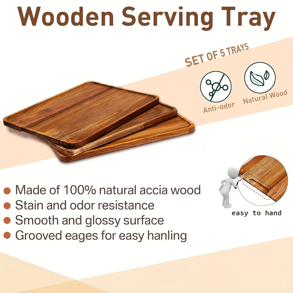 Modern 5 Pack Home Storage Organizer – space-saving everyday organization, 5 Pack Solid Acacia Wood Serving Trays Rectangular Wooden Board for Food Appetizer Serving, designed for American homes, daily convenience and practical gifting