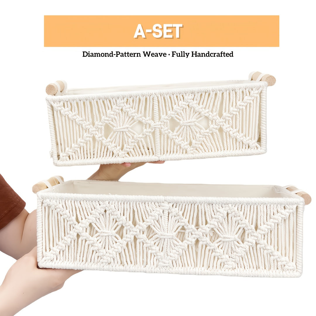 Storage Bins – 2pcs Bohemian Handmade Macrame Storage Basket Set with Handles Multipurpose