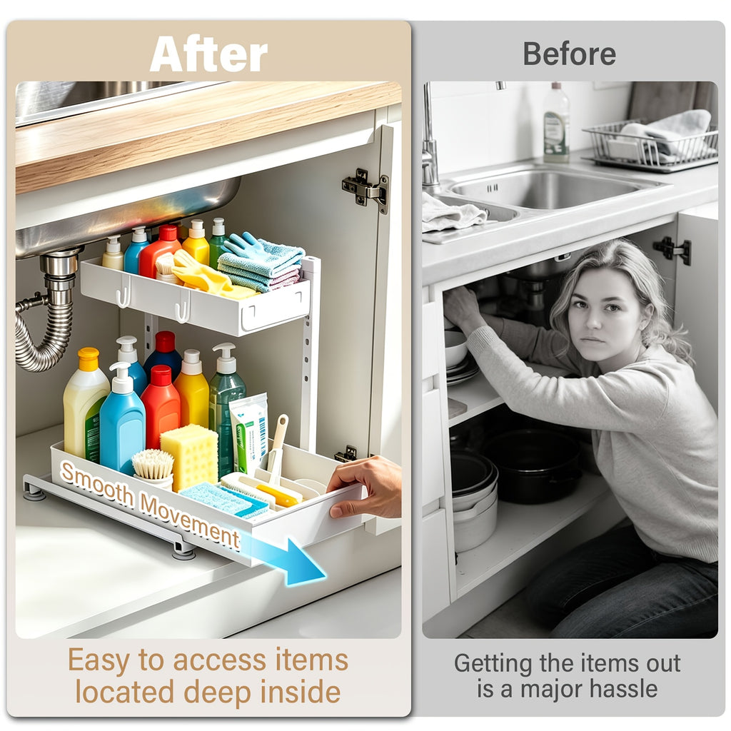 2-Pack Under Sink Organizer, 2-Tier Pull-Out Storage Rack, Adjustable Metal Cabinet Organizer for Kitchen Bathroom Pantry