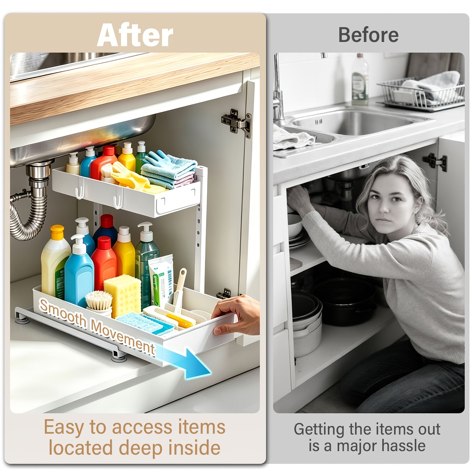 2-Pack Under Sink Organizer, 2-Tier Pull-Out Storage Rack, Adjustable Metal Cabinet Organizer for Kitchen Bathroom Pantry