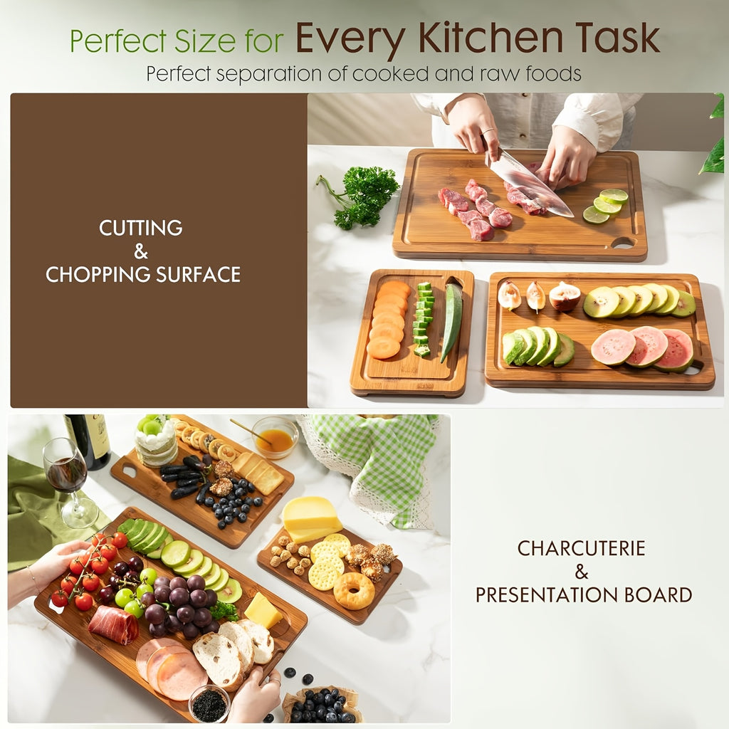 Deep Carbonized Bamboo Cutting Board Set with Wooden Rack - Double-Sided Suitable for Kitchen, Suitable for Cooked & Food, Oil Drainage Groove & System, Ergonomic Handle, Bamboo Board and Storage Shelf Gift for