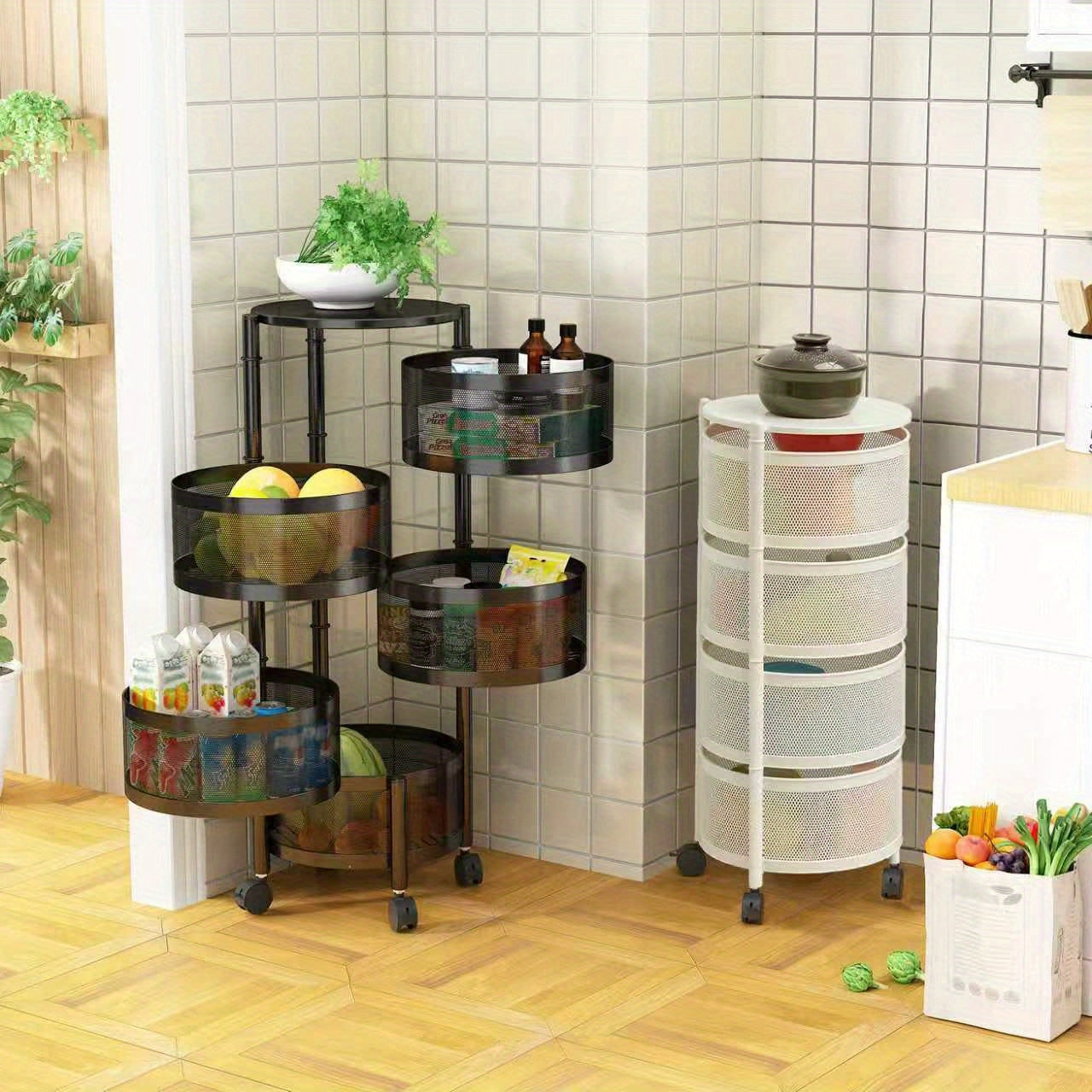 Rotatable Multi-Layer Circular Storage Rack, Mobile Storage Cart, Round Floor-Standing Multi-Layer Rotatable Vegetable Basket Storage Rack, Practical Storage Rack, Storage Items File Rack, Perfect for Kitchen, Office, Bathroom, Living Room, Bedroom