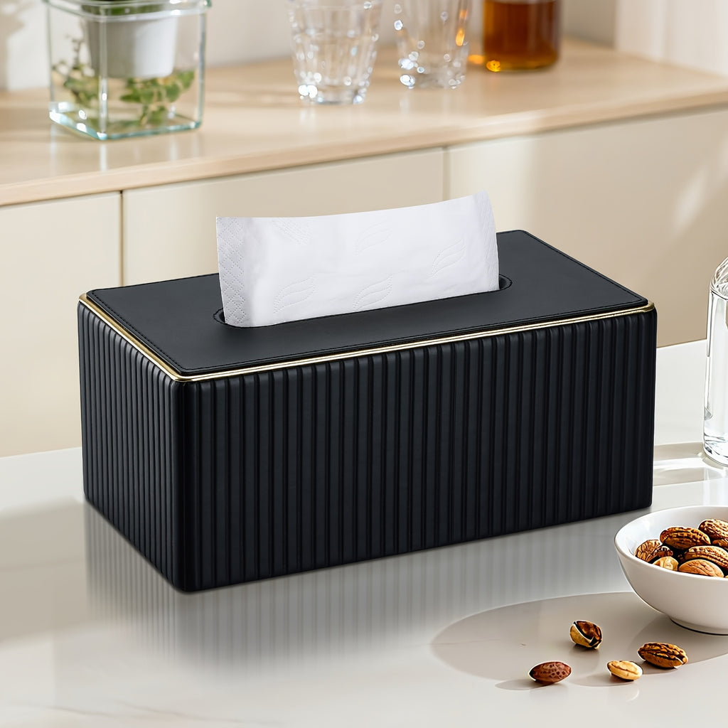 Smart Stackable Home Storage Bins – portable space-saving storage, Cream White Vertical Striped Faux Leather Tissue Box With Golden Trim Desktop Napkin Dispenser, designed for American homes, daily convenience and practical gifting