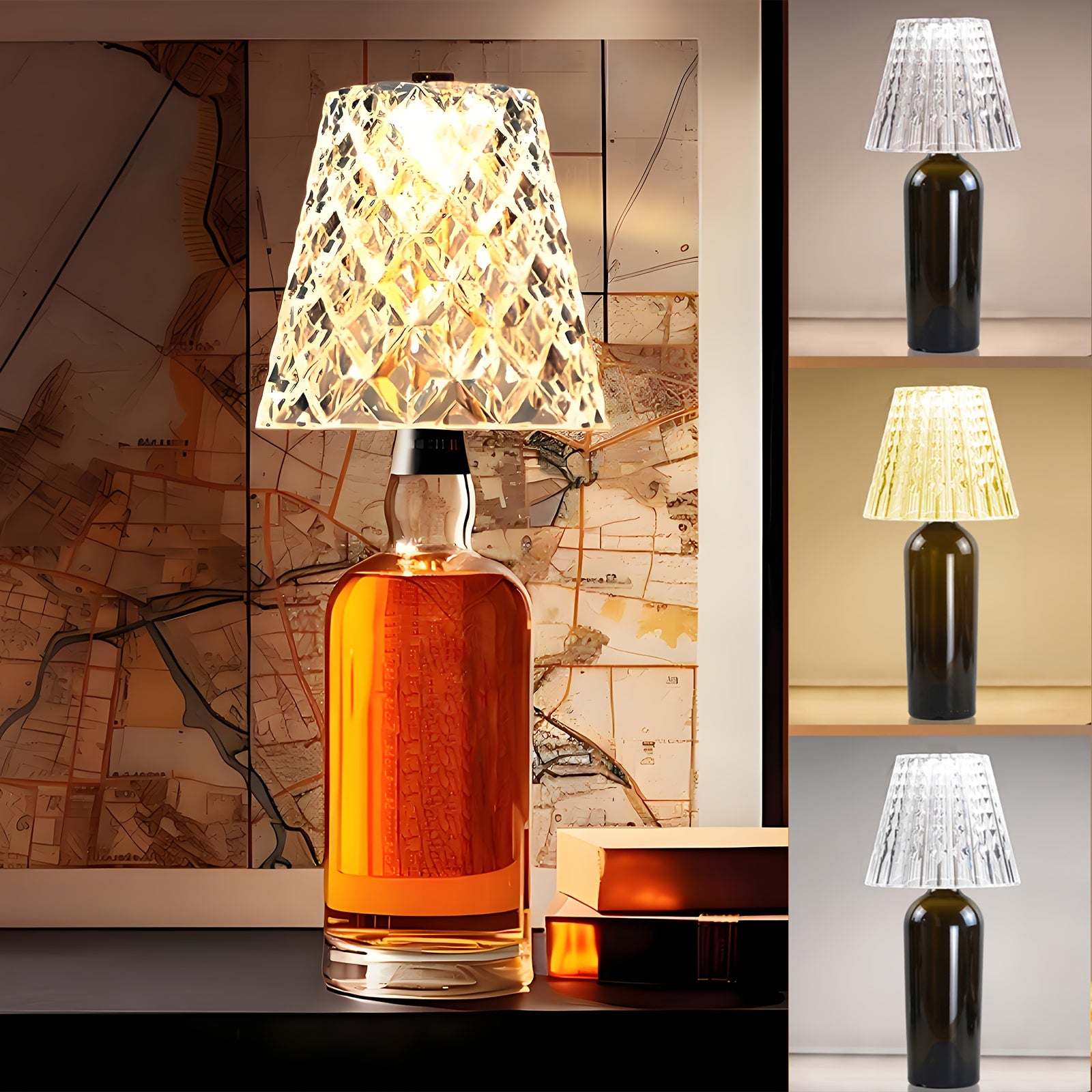 Ambient Home Decor – Crystal Clear Bottle Light, Table Lamp, Rechargeable LED Wine Lamp, Acrylic Lampshade, 2000Mah, 3 Colors, Bottle Lamp for Modern US Homes, relaxing room atmosphere, Vers