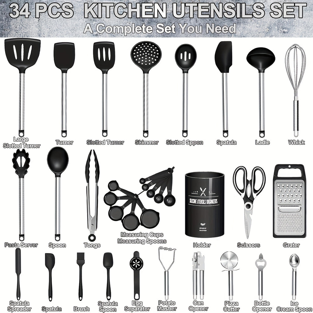 Space-Saving 34pcs Kitchen Cookware Set – versatile meal preparation, Kitchen Utensils Set-34pcs Silicone Cooking Utensils Set for Nonstick Cookware-Silicone Spatulas Set Stainless Steel, designed for American homes, daily convenience and practical g