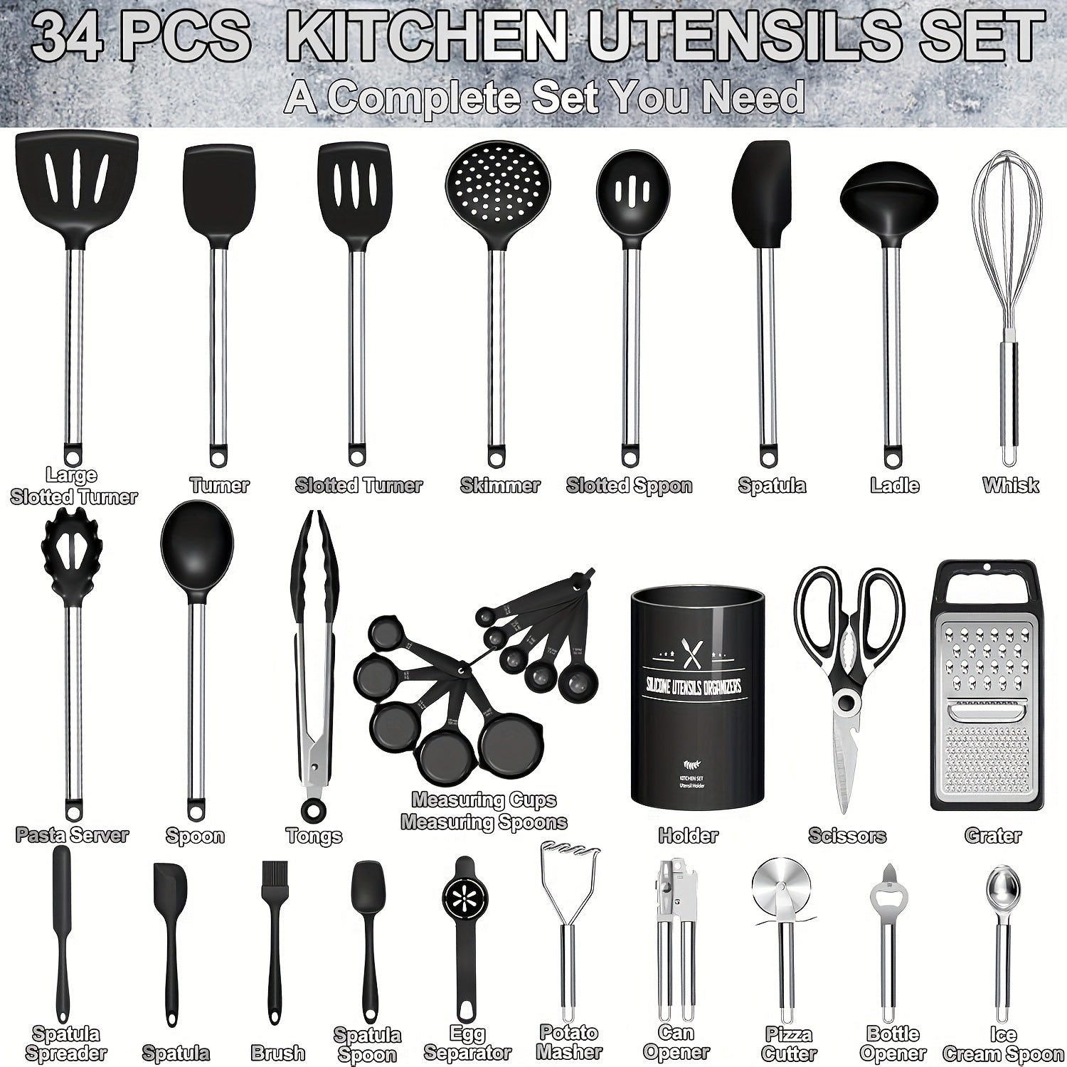 Space-Saving 34pcs Kitchen Cookware Set – versatile meal preparation, Kitchen Utensils Set-34pcs Silicone Cooking Utensils Set for Nonstick Cookware-Silicone Spatulas Set Stainless Steel, designed for American homes, daily convenience and practical g