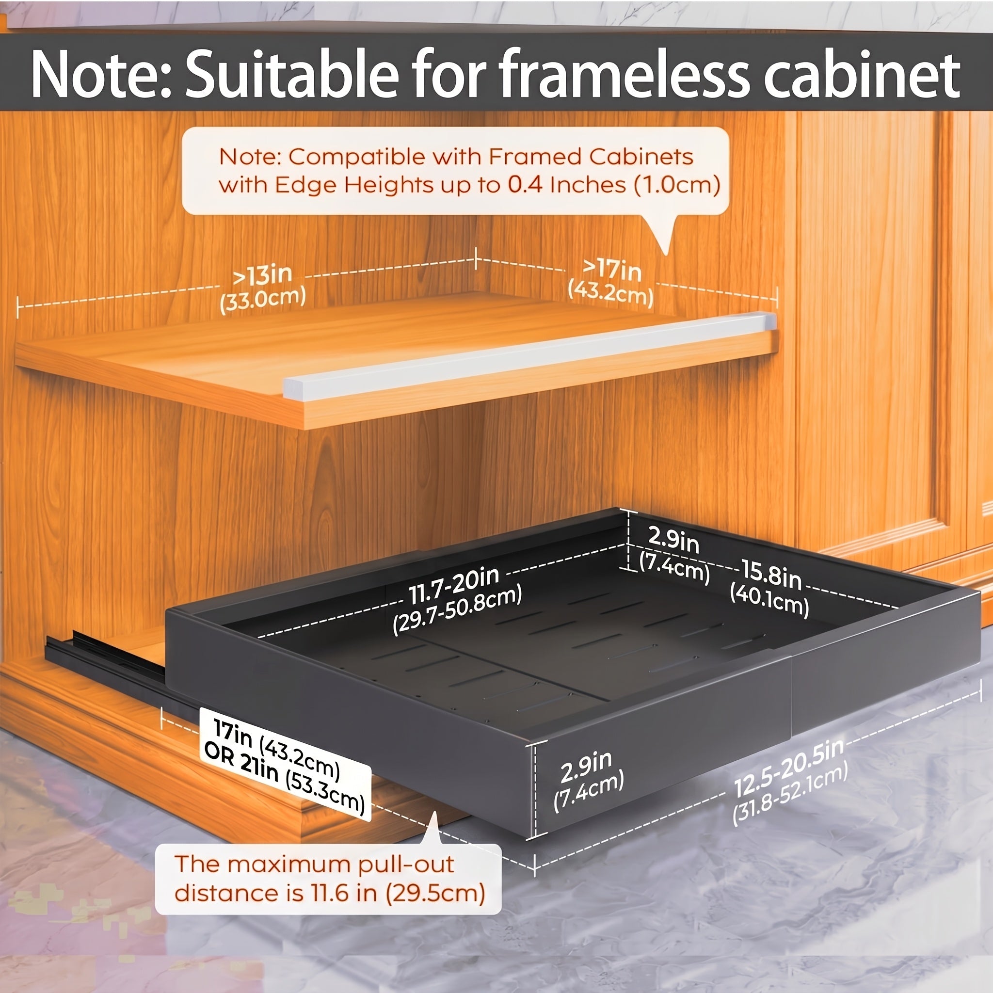 4-Pack Carbon Steel Expandable Pull Out Cabinet Organizer (12.6"-20.6"W), Rust-Resistant Silent Sliding Drawers with Adhesive Nano Film Or Nail Installation, 17" Deep Slide Out Drawers for Kitchen, Pantry