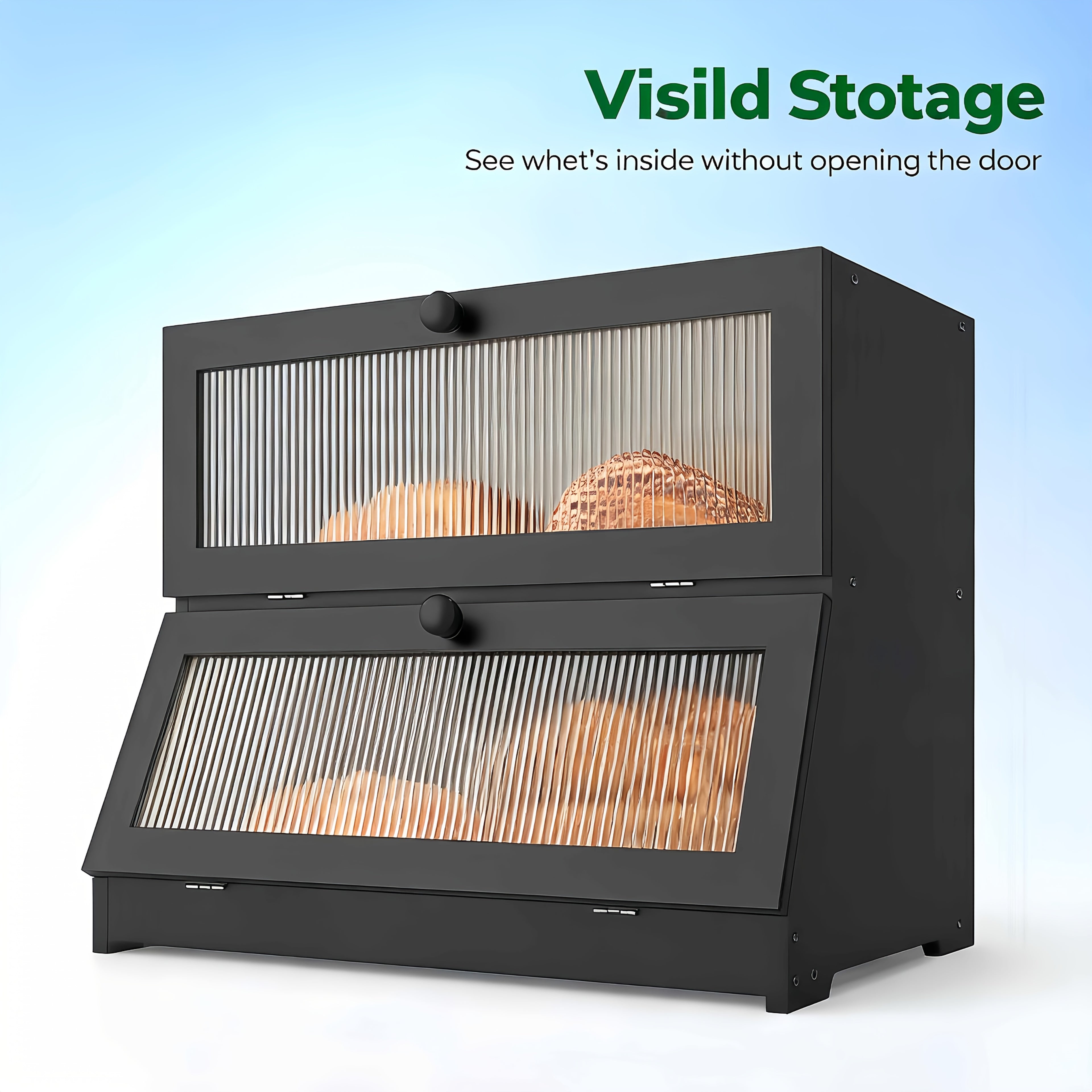 Bread Bin & Bread Bins for Kitchen, Double-tiered Black Wooden Bread Bin, Large-capacity Bread Storage Box Ideal for Kitchen Counters
