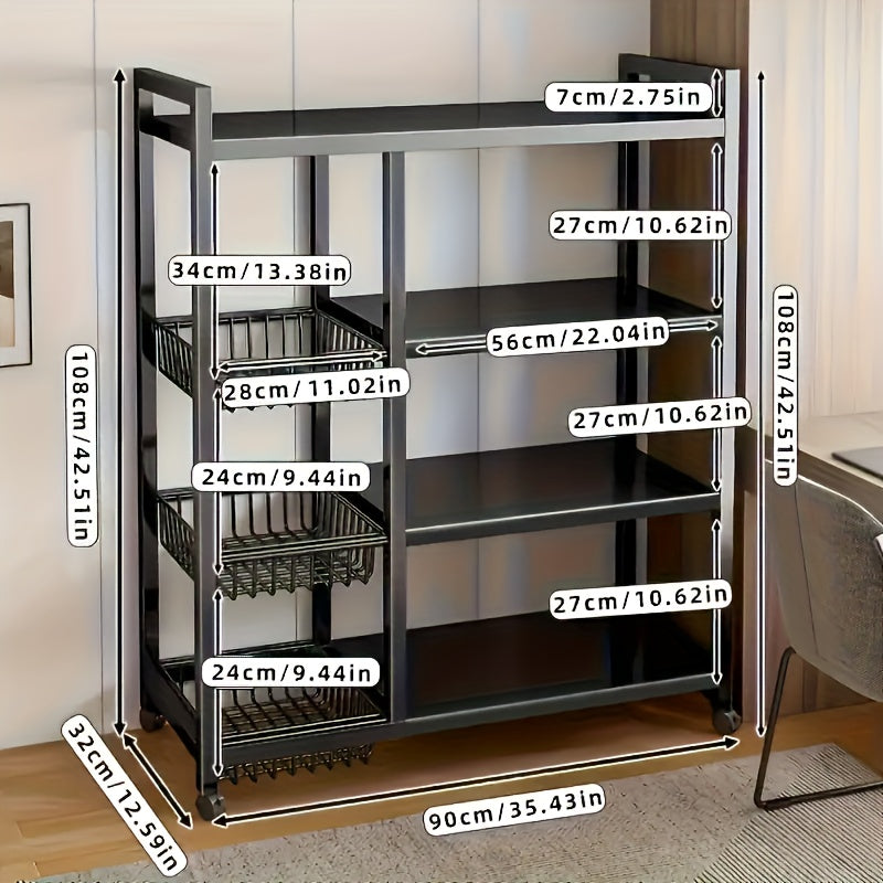 BCNVDUS Three-Layer Heavy-Duty Metal Kitchen Storage Rack with 360° Rotating Wheel - Freestanding Mobile Appliance, Bottle, Container Storage Rack - Easy-To-Clean Open Mesh Basket, Space-Saving Floor Design, Kitchen Organization And Storage