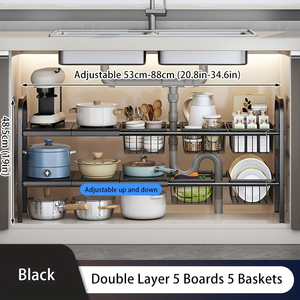 Kitchen Essential – 1 Expandable Under Sink Organizer & Locker 2 Tier Cabinet Shelf Organizer with 5 Removable Panels 5 Baskets for Under Kitchen Bathroom Sink Organizer & Storage.Thanksgivi