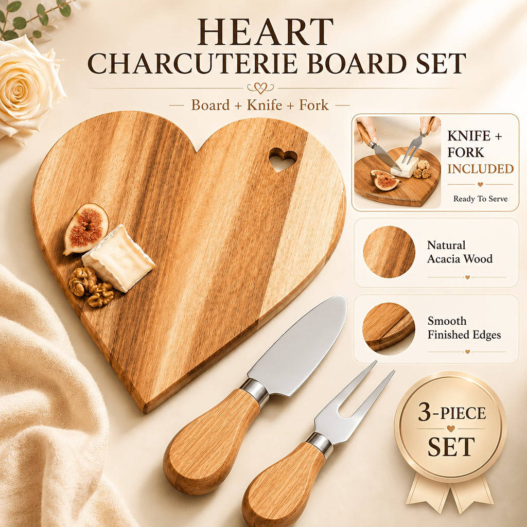 Heart-Shaped Acacia Wood Charcuterie Board with Optional Knife & Fork Set Suitable for Cheese, Fruit, Dessert Serving Tray - Polished Wood Board for Parties, Picnic, Holiday Gift for Christmas, Easter, Valentine' Day