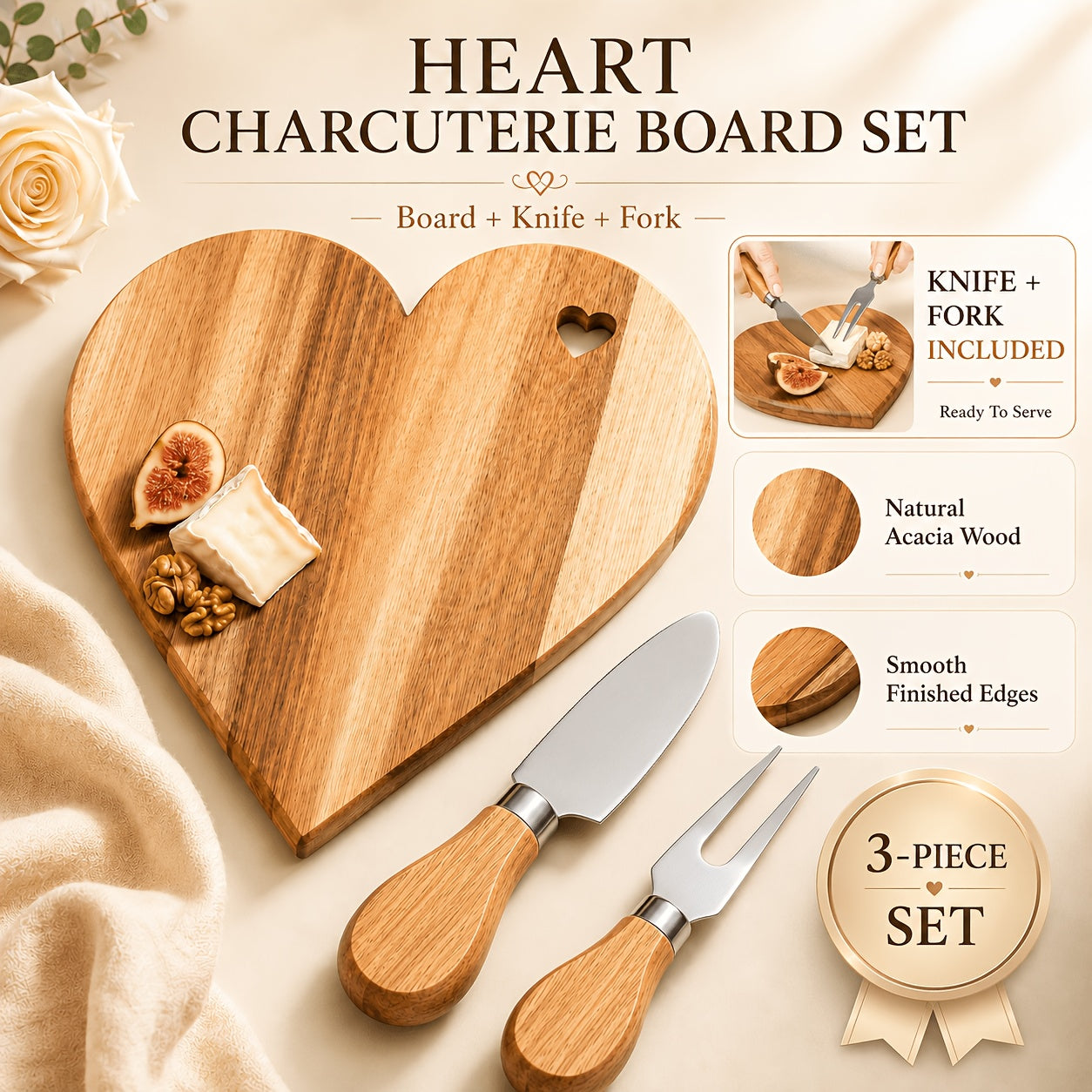 Heart-Shaped Acacia Wood Charcuterie Board with Optional Knife & Fork Set Suitable for Cheese, Fruit, Dessert Serving Tray - Polished Wood Board for Parties, Picnic, Holiday Gift for Christmas, Easter, Valentine' Day