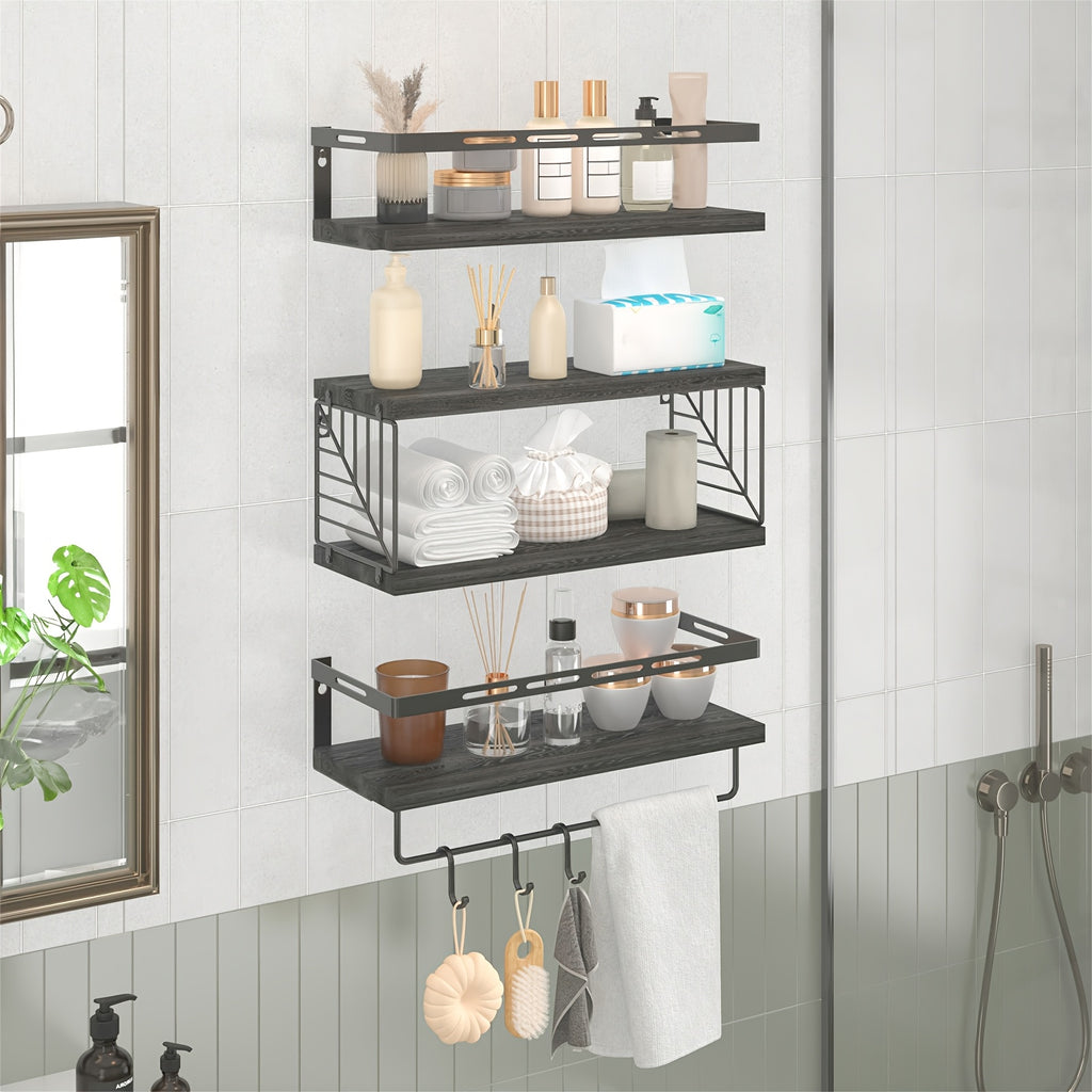 Heavy-Duty 1 Tier Adjustable Home Storage Rack – durable multi-purpose storage, TOMNK 3 1 Tier Floating Shelves for Wall with Black Metal Guardrail And Storage, designed for American homes, daily convenience and practical gifting