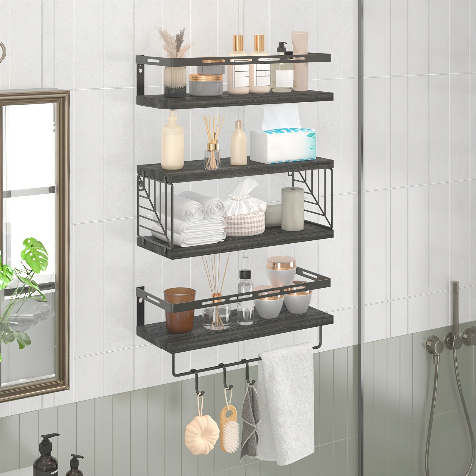Heavy-Duty 1 Tier Adjustable Home Storage Rack – durable multi-purpose storage, TOMNK 3 1 Tier Floating Shelves for Wall with Black Metal Guardrail And Storage, designed for American homes, daily convenience and practical gifting