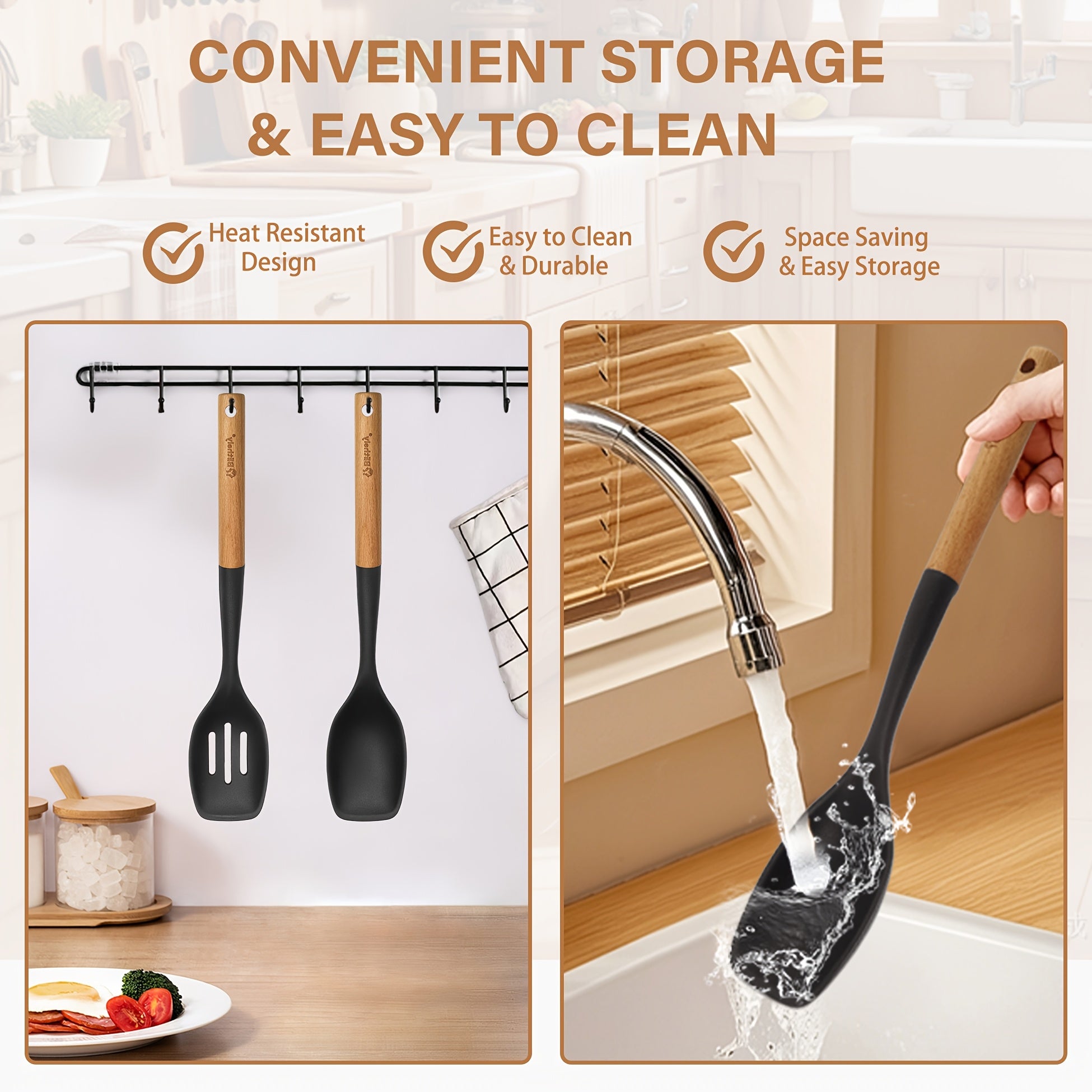 Set of 2 Silicone Cooking Spoons, Sturdy Slotted Spoon with Wooden Handle, Nonstick Silicone Kitchen Utensils for Cooking, Heat-Resistant Spatula Set for Serving, Basting, And Mixing