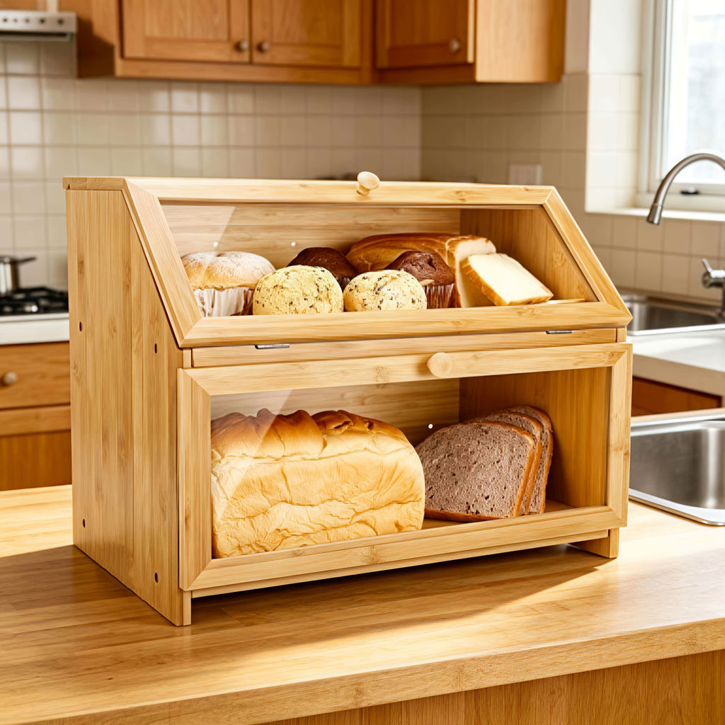 Double-Layer Bread Box | Kitchen Countertop Food Storage Organizer, Suitable for Bread, Fruits, and Snacks | Suitable for Living Room, Kitchen, Pantry, and Dining Areas