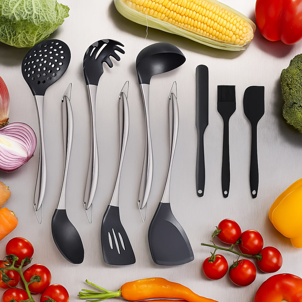 9pcs Silicone Cooking Utensils, Rainbow Kitchen Utensils Set, Titanium Cooking Utensils Set with Stainless Steel Handle, Silicone Spatula, Heat Resistant Silicone Utensils for Cooking, Non-Stick Spatula Set, Ladle with Stainless Steel Handle
