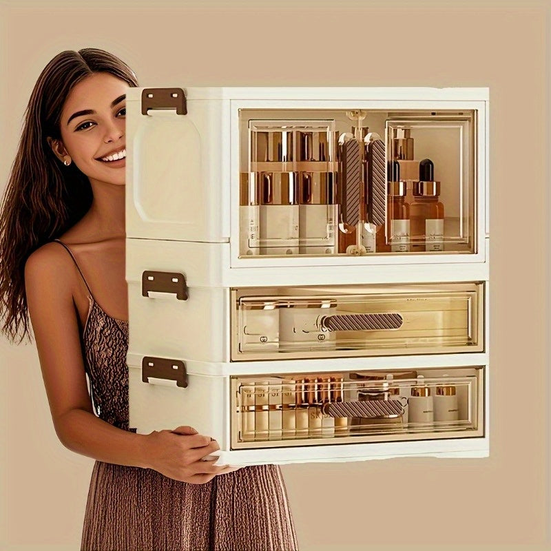 Heavy-Duty Pull-Out Cabinet Organizer – smooth-access cabinet organization, Three Four Floors Foldable Large Capacity Cosmetic Storage Cabinet with Transparent Drawers Stackable Plastic, designed for American homes, daily convenience and practical gi