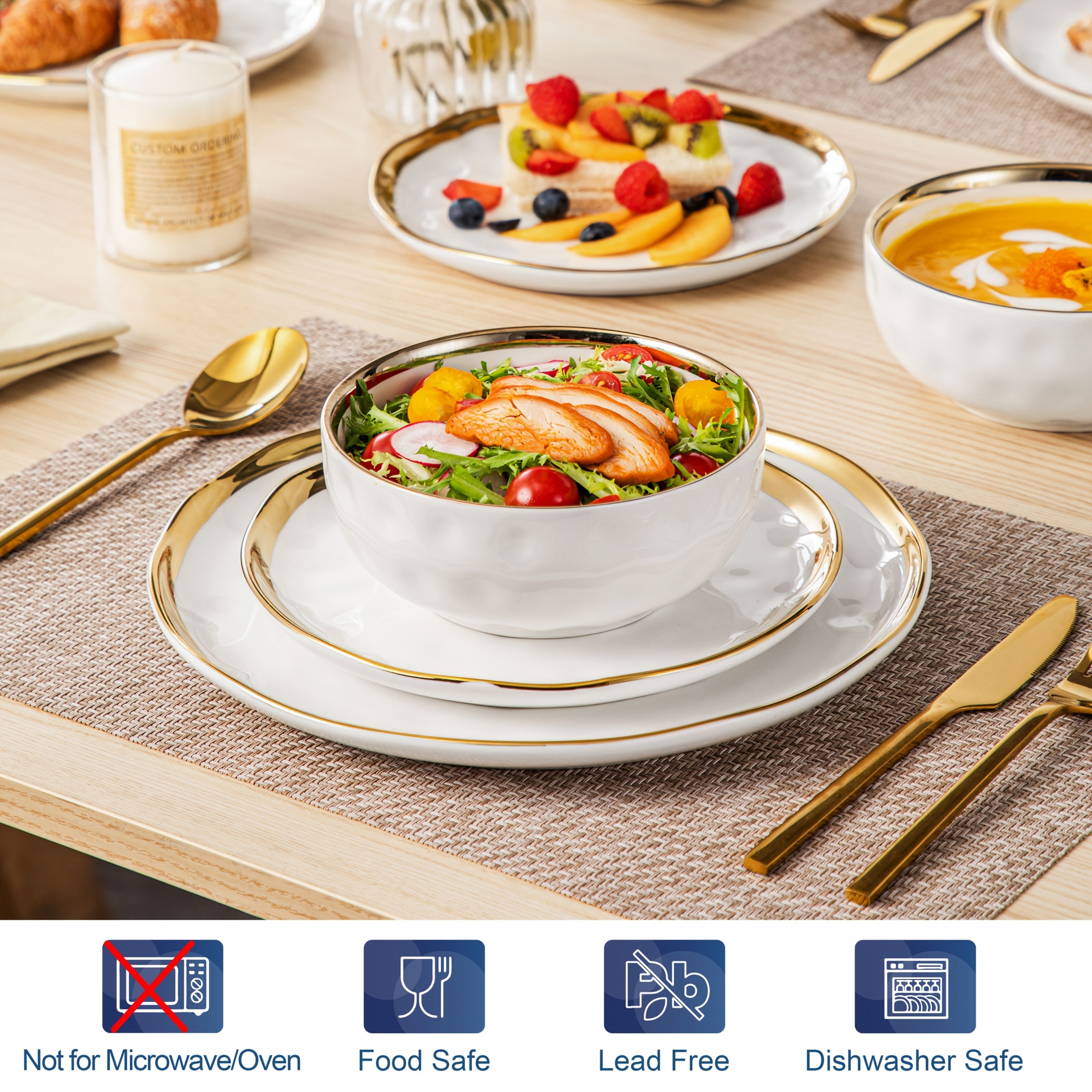 [Dinnerware Sets] 12pcs White And Golden Stoneware Dinnerware Sets Handmade Dinnerware With Golden Trim, Dishwasher Safe Dinner Set