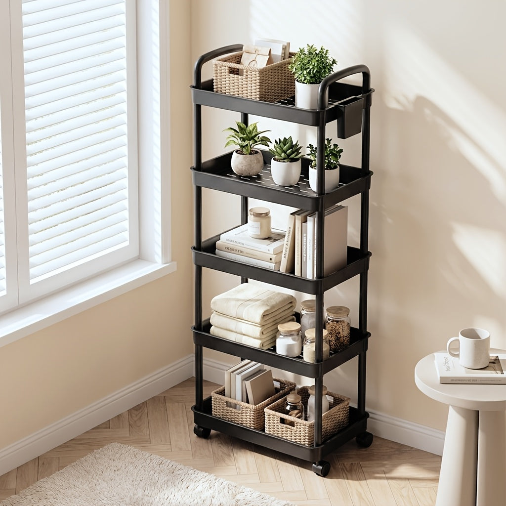 3/4/5-Tier Plastic Rolling Utility Cart with Handle, Multi-Functional Storage Trolley for Office, Living Room, Kitchen, Movable Storage Organizer with Wheels, White
