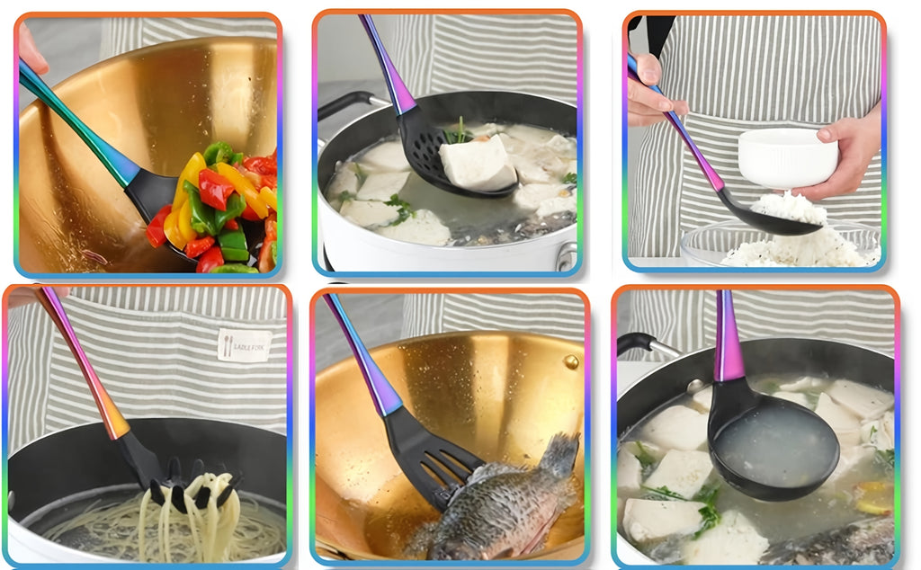 9pcs Silicone Cooking Utensils, Rainbow Kitchen Utensils Set, Titanium Cooking Utensils Set with Stainless Steel Handle, Silicone Spatula, Heat Resistant Silicone Utensils for Cooking, Non-Stick Spatula Set, Ladle with Stainless Steel Handle