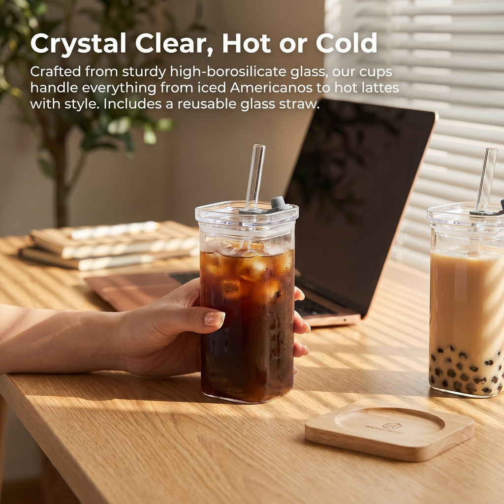 Compact 13oz Reusable Drinkware Set – easy-access beverage storage, Set of 4 Square Glass Cups with Lids 13oz Capacity Perfect Coffee Cups Includes, designed for American homes, daily convenience and practical gifting
