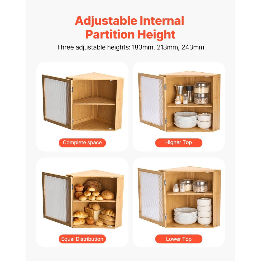 VEVOR Corner Bread Box for Kitchen Counter Double Layer Bamboo Storage Container Black / Natural