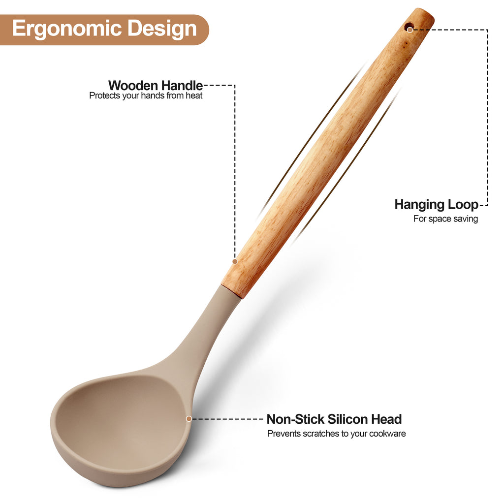 Kitchen Essential – 35 Piece Kitchen Utensils Set with Holder - Heat Resistant Wooden Handle - Silicone Non-Stick Cooking Spatula, Kitchen Essentials Tools and Gadgets for Modern US Homes, e