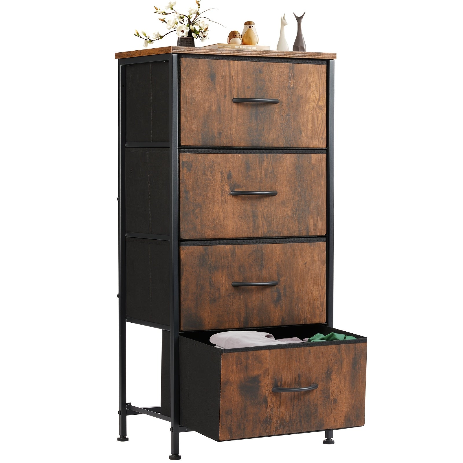 4-Drawer Dresser Organizer Storage Drawers, Chest of Drawers with Fabric Bin, Steel Frame, Wood Top, Use for Lab, Closet, Black/Brown/White/Gray to Choose