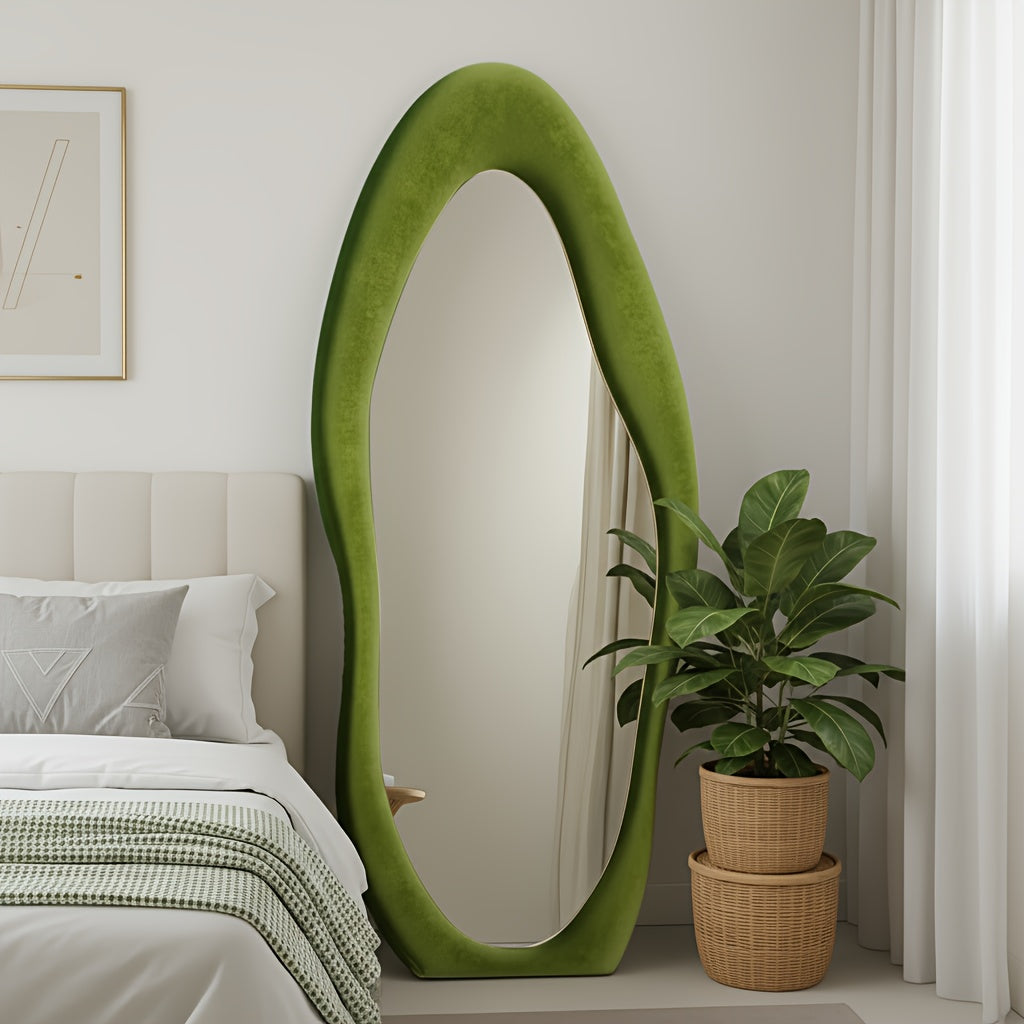 Full Length Mirror – Irregular Velvet Frame Full Length Mirror Safe Rounded Corner for Kids Room (Milk Tea, White, Black, Green, Pink, Blue) for Modern US Homes, clear stylish reflection, Ve