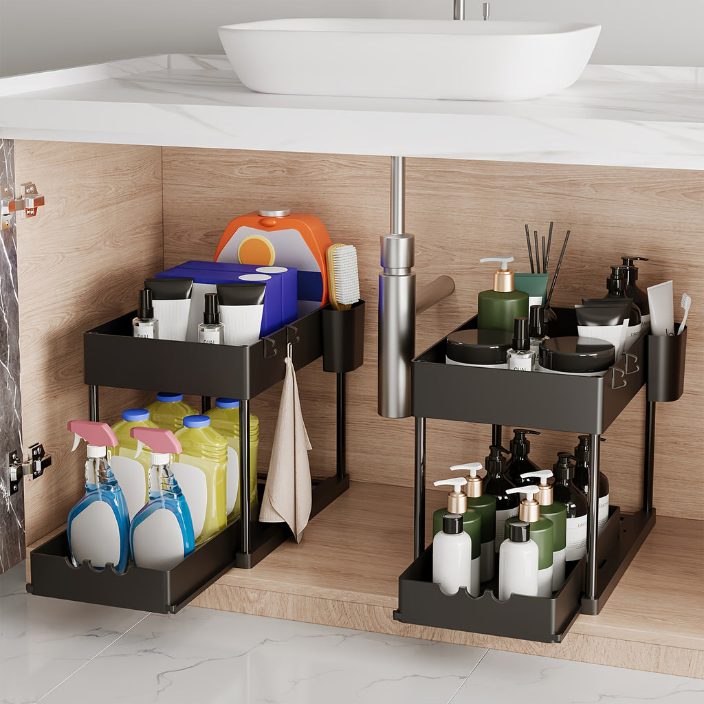 2pcs Pull Out Under Sink Organizers And Storage Rack for Kitchen & Bathroom, Plastic Layered Cabinet Organizer, Kitchen Organize