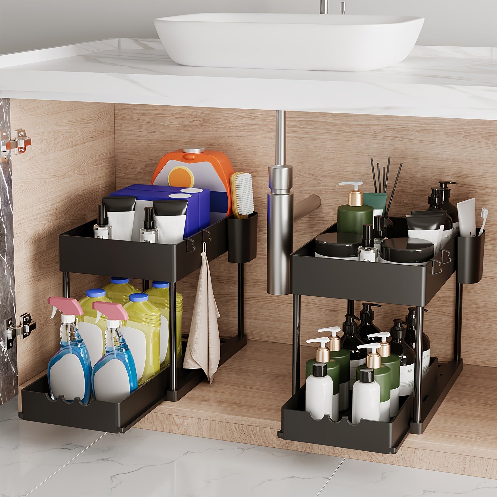 2pcs Pull Out Under Sink Organizers And Storage Rack for Kitchen & Bathroom, Plastic Layered Cabinet Organizer, Kitchen Organize