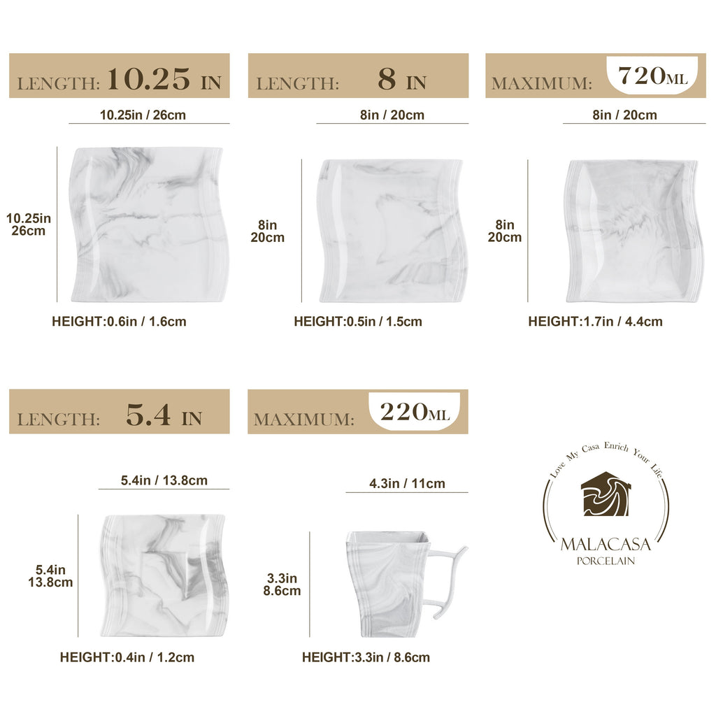 Plates And Bowls Set For 6, Grey White Square Dinnerware Sets, 30pcs Porcelain Dishes Set With Plates, Bowls, Cups And Saucers, Dinner Set Microwave Safe