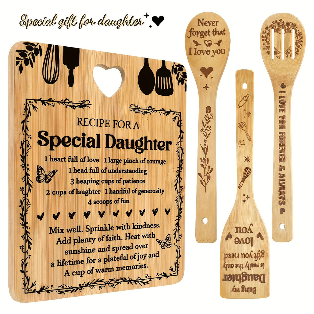 Gifts for Daughter - "Recipe for a Special Daughter" Daughter Birthday Gifts Cutting Board Set Bamboo-Made Engraved Utensil Set Birthday Gifts for Daughter Mothers Day Gifts for Daughter