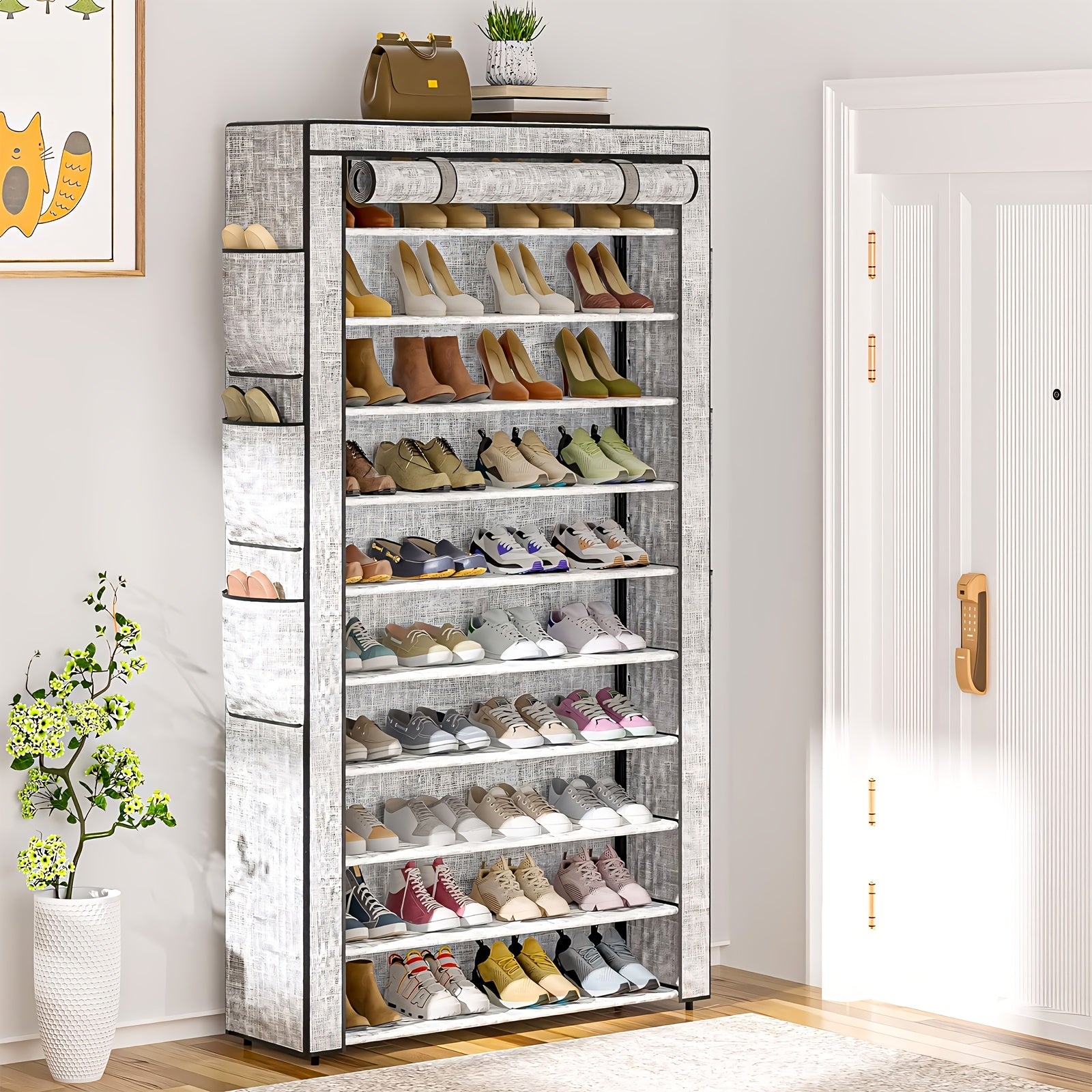 10 Tiers Large Shoe Rack With Covers, Stackable Tall Shoe Rack Organizer With 6 Side Pockets, Shoe Shelf Holds 50-55Pairs Sturdy Metal Shoe Rack Storage Organizer Cabinet, Shoe Racks Organizer For Closet Garage, Home Decor, Halloween And Christmas